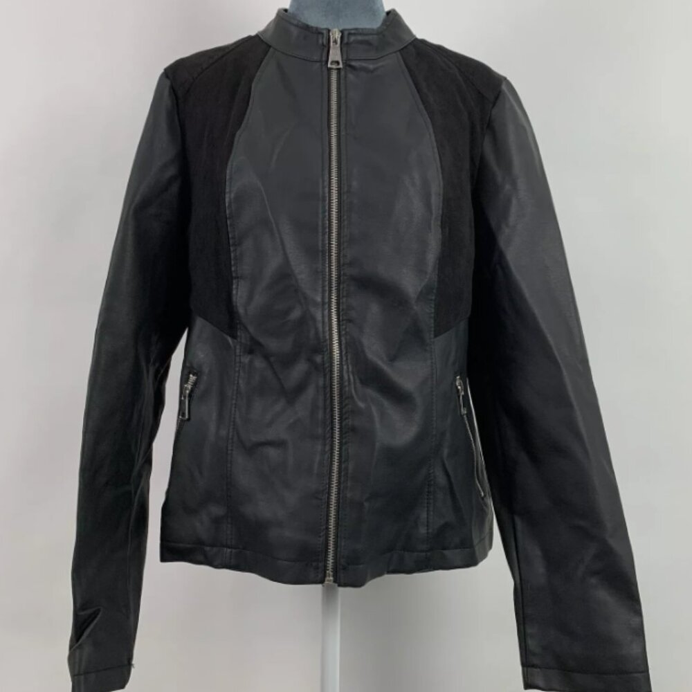 Cavalini Women's Banded Collar Zip Faux Leather Jacket